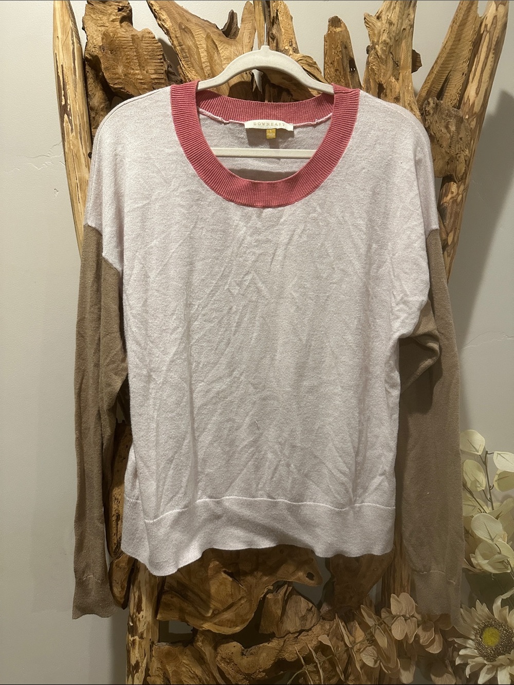 DownEast White Crewneck Sweater with Taupe Sleeves and Pink Rib Trim